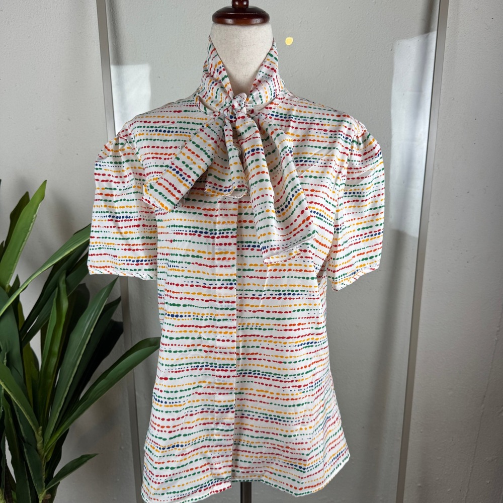 Vintage Maximalist Retro Kitschy Dotted Stripe Primary Color Blouse Size 14